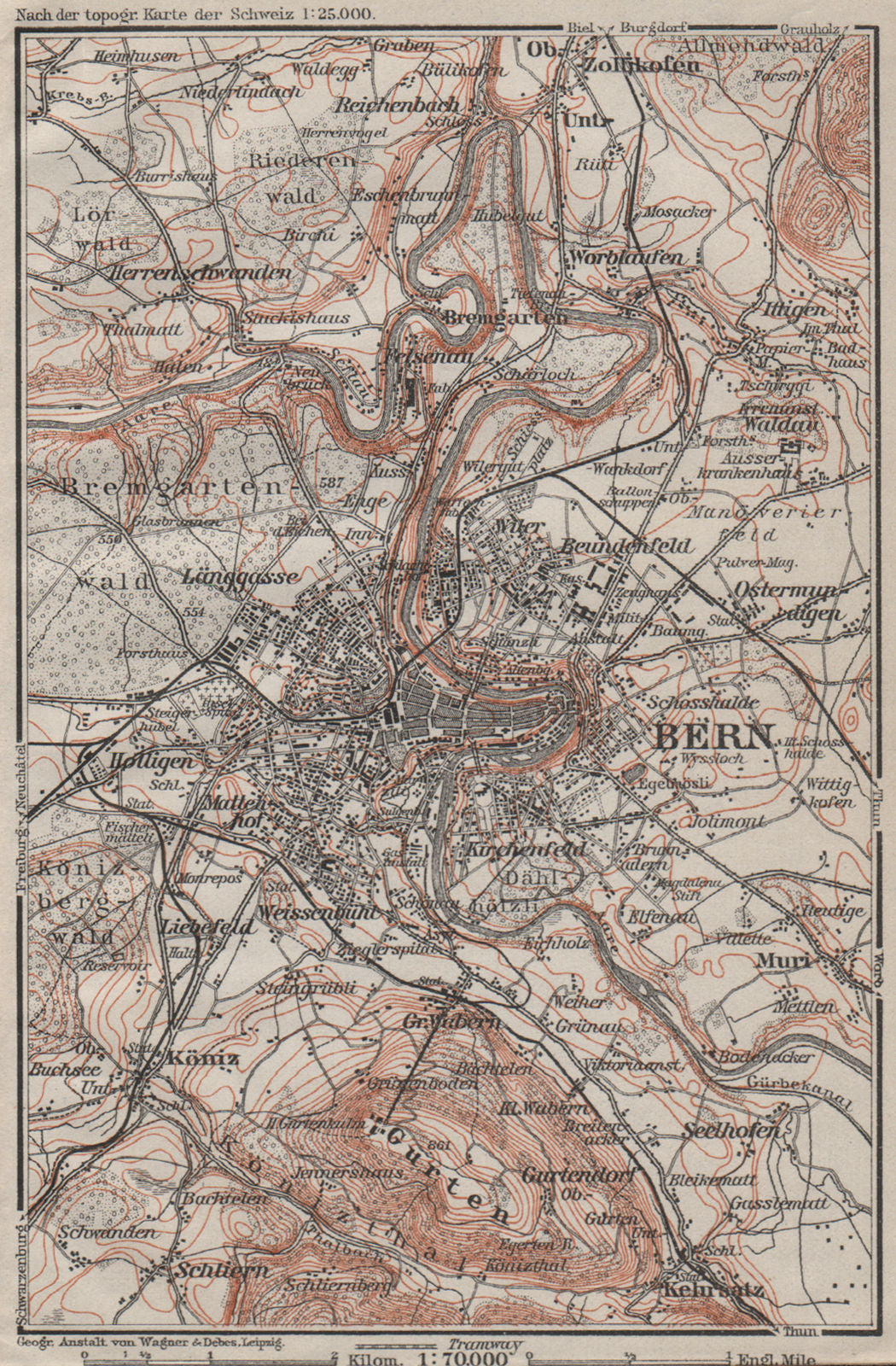 BERN BERNE ENVIRONS. Switzerland Suisse Schweiz carte karte. BAEDEKER 1909 map